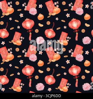 Nahtloses Muster auf schwarzem Hintergrund mit asiatischer Papierlaterne, roten Umschlägen, Sakura-Kirschblüten, Mandarine, Chrysantheme, chinesische Münzen. Chinesisch Stockfoto