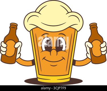 Fröhliches Bierglasmaskottchen mit großem Schaumstoffkopf, der zwei Bierflaschen hält und Aufregung zeigt. Helles und energiegeladenes Design für Partythemen. Stock Vektor
