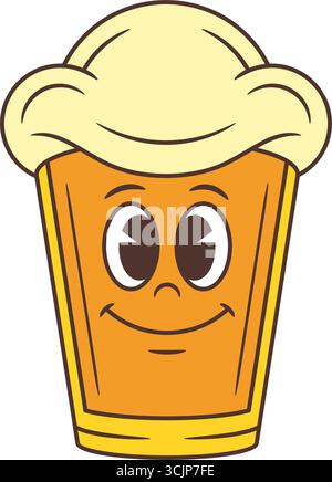 Fröhliches gelbes Bierglas-Maskottchen mit schaumigem Kopf, der den Betrachter direkt anlächelt. Freundliche Zeichentrickfigur mit positivem Gesichtsausdruck. Perfekt für Stock Vektor