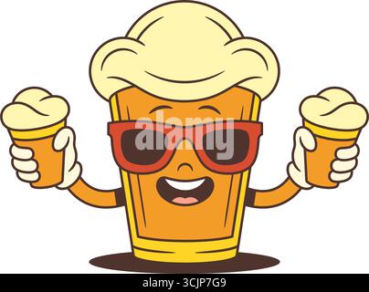 Fröhliches gelbes Bierglasmaskottchen mit Schaum auf der Oberseite und roter Sonnenbrille, die zwei Bierbecher mit einem breiten Lächeln hält. Verspieltes Sommerfestival-Konzept Stock Vektor