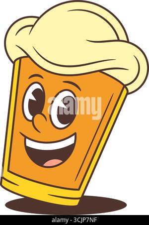 Fröhlicher gelber Bierglascharakter mit großem Schaum, der hell lächelt. Lustiges Cartoon-Maskottchen mit positiver Emotion und charmantem Gesicht. Geeignet für Partys Stock Vektor