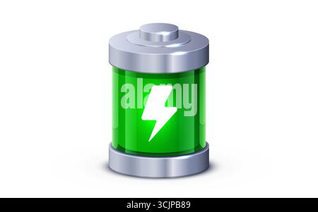 Vollständig aufgeladene Batterie leuchtet mit grüner Anzeige Ladestatus isoliert. Realistische Glasbatterie. Vektorabbildung Stock Vektor