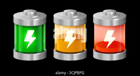 Entladene und realistische Alkali-Batterien mit verschiedenen Energiestufen. Voll, halb, niedrig. Vektorabbildung Stock Vektor