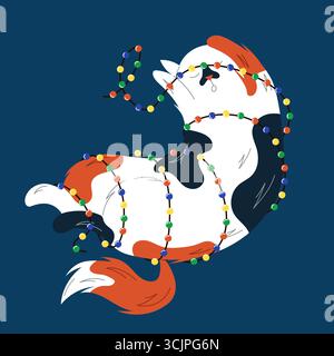 Niedliche Katze verwickelt in Weihnachtsfeiertag Lichter isoliert auf dunkelblauem Hintergrund. Verspielte festliche Illustration im flachen Stil. Stock Vektor