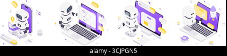 Isometrische Illustration mit Robotern der künstlichen Intelligenz, die in der Navigation, Programmierung, Lernen und Startup-Innovation in einer digitalen Technologie tätig sind Stock Vektor