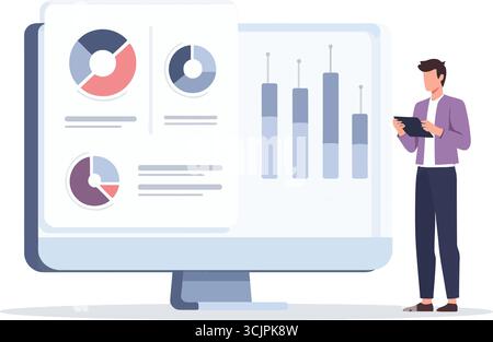 Datenanalyst oder Geschäftsmann, der mit Diagrammen und Diagrammen auf einem großen Computerbildschirm arbeitet. Vektorabbildung. Stock Vektor