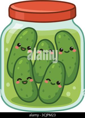 Kawaii-Illustration von Gurken mit süßen Gesichtern in einem Glas Stock Vektor