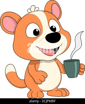 Vektor-Illustration eines fröhlichen Zeichentricktiers, der eine dampfende Tasse Kaffee hält Stock Vektor