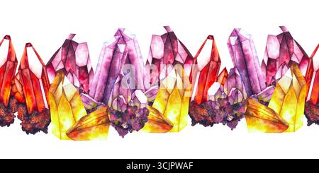 Nahtlose Aquarellrandung mit Clustern von hellen Kristallen in Rot-Lila- und Gelbtönen im mystischen Fantasy-Stil. Zum Verpacken von Textil-Tarot-Design esoterischen Geschäften und spirituellem Branding. Stockfoto
