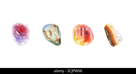 Aquarellillustration eines Sets von bunten polierten Edelsteinen. Enthält rote, grüne, gelbe und braune Kristalle in ovalen und unregelmäßigen Formen. Esoterische, heilende und dekorative Anwendungen. Stockfoto