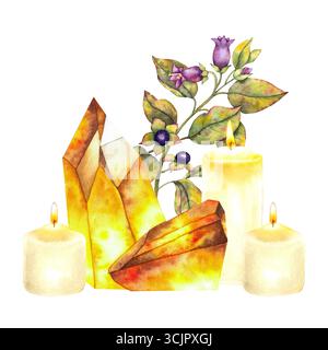 Aquarellkomposition mit gelben Heilkristallen, brennenden Kerzen und einem Zweig des tödlichen Nachtschattens Atropa Belladonna mit lila Blumen und Beeren. Für esoterische mystische und magische Themen. Stockfoto