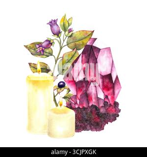 Aquarellillustration mit glühend roten rubinroten Kristallen brennenden Kerzen und einem Zweig des tödlichen Nachtschattens Atropa Belladonna mit lila Blumen und Beeren. Für mystische, esoterische und magische Designs. Stockfoto