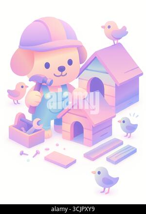 Niedlicher Hundebauer mit Vogelhäusern und Vögeln. Stock Vektor
