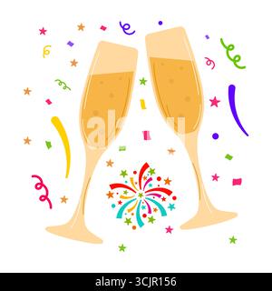 Feier mit Champagnergläsern und Konfetti. Zwei Sektgläser, die sich zu einem festlichen Toast zusammenstoßen. Bunte Konfetti, Sterne und Streamer. Stock Vektor