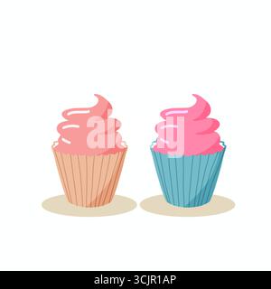 Cupcake mit pinkfarbener Glasur-Zeichentrickillustration, flaches minimalistisches Element. Stockfoto