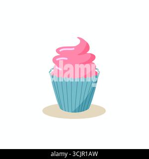 Cupcake mit pinkfarbener Glasur-Zeichentrickillustration, flaches minimalistisches Element. Stockfoto