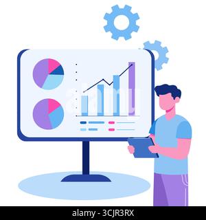 Ein Profi steht neben einem breiten Computerbildschirm mit farbenfrohen Diagrammen und Diagrammen, der aufmerksam die angezeigten d Stock Vektor