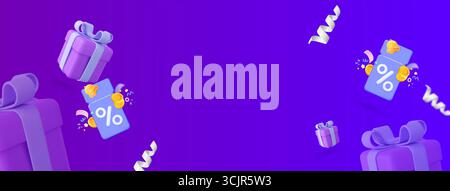 3D-Illustration von Geschenkboxen, Rabattgutscheinen und Konfetti auf violettem Hintergrund für Verkauf und Werbebanner Stockfoto