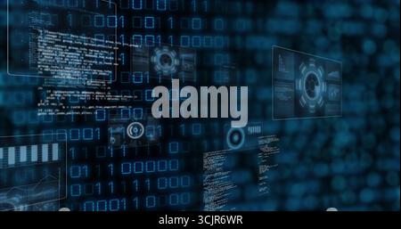 Anzeige des Codefelds mit Codetext und HUD-Grafiken auf blauer Schnittstelle mit Binärziffern Stockfoto