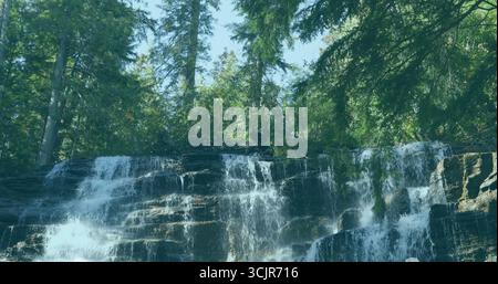 Wasserfall, der über Felsvorsprünge im Bergwald fließt, mit Moosflecken und Evergreens Stockfoto