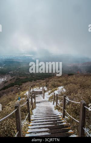 Schneebedeckte Holztreppen führen unter stimmungsvollen Wolken auf dem Yeongsil Trail, Hallasan, Jeju Island, Südkorea, hinab in eine riesige Waldlandschaft. Stockfoto
