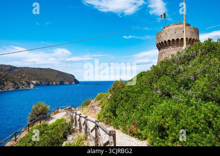 Italienische Flagge winkt auf dem Turm der Insel Capraia mit blauem Meer im Hintergrund Stockfoto