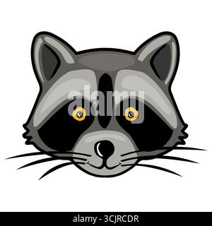 Eine verspielte Vektor-Illustration eines Waschbärgesichts mit einem vereinfachten, Cartoonstil mit auffälligen Linien und Graustufen-Farbpalette mit Akzenten Stock Vektor