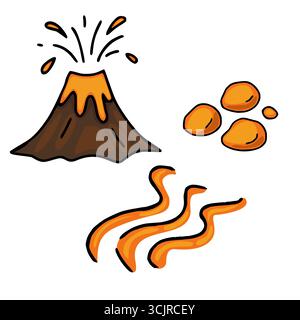 Eine verspielte Vektor-Illustration mit einem Comic-Vulkanausbruch, Lavaflüssen und vulkanischen Felsen, in handgezeichnetem Stil mit auffälligen Umrissen Stock Vektor