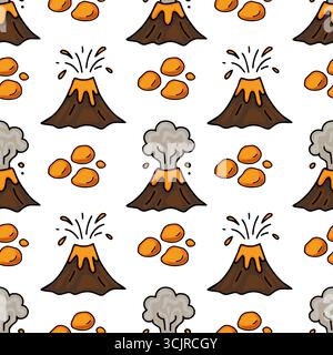 Nahtloses Vektormuster mit handgezeichneten Illustrationen von ausbrechenden Vulkanen, vulkanischen Felsen und Rauchfahnen in einem verspielten Cartoon-Stil mit oder Stock Vektor