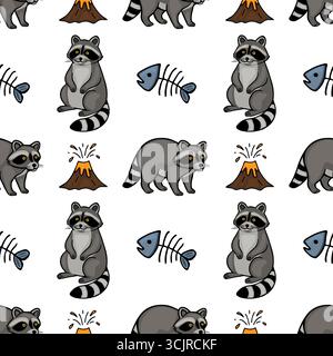 Nahtloses Vektormuster mit verspielten Waschbären, ausbrechenden Vulkanen und Fischskeletten für ein skurriles und abenteuerliches Design. Stock Vektor