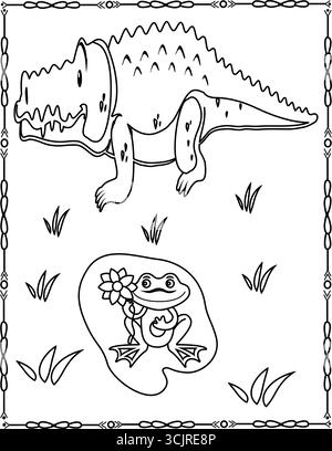 Vektorillustration eines Schwarzweiß Alligator Smiley Gesichts isoliert auf einem weißen Hintergrund. Für ein Malbuch für Kinder. Stock Vektor
