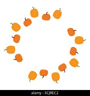 Runder Rahmen aus Reifen Kürbissen. Thanksgiving-Design. Isolierter weißer Hintergrund. Vektorabbildung mit flachem Stil. Stock Vektor