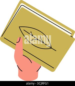Die Hand hält ein gelbes Buch mit einem Blattsymbol auf dem Umschlag. Sauberes Vektordesign für Eco- und Lesethemen Stock Vektor