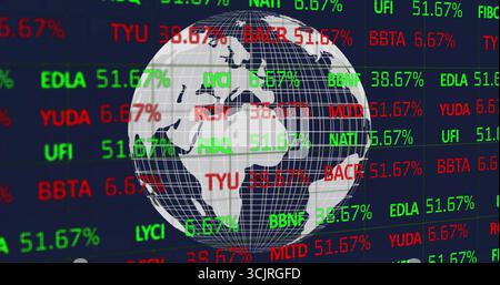 Anzeige eines gerasterten, umrissenen Globus, der sich auf dem Bürodisplay dreht, mit Scrolltickern und Prozentsätzen Stockfoto