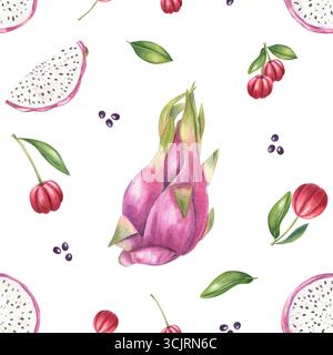 Drachenfrucht und Waldbeeren nahtloses Muster auf isoliertem Hintergrund. Rosafarbene Pitahaya mit weißem Fruchtfleisch und roter Acerola verziert. Stockfoto