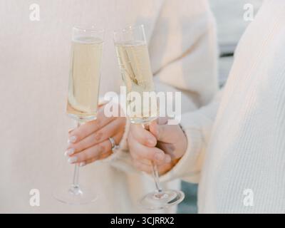 Zwei Freunde stoßen mit Sektflöten an und genießen gemeinsam einen wunderschönen Sonnenuntergang in einer ruhigen Umgebung im Freien. Stockfoto