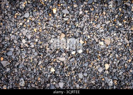 Kieselsteine am Kapp Waldburg Beach Barents Island Svalbard // BARENTS ISLAND, Svalbard — Eine Nahaufnahme zeigt eine dichte Ansammlung von nassen Kieselsteinen am Kapp Waldburg Strand. Die verschiedenen Größen und Farben der Steine, von dunkelgrau bis hellbraun und mit weiß gesprenkelt, deuten auf Erosion und Ablagerungen an der Küste hin. Kapp Waldburg ist eine bekannte Landzunge an der Nordküste der Barents Island im Svalbard-Archipel. Svalbard, ein Archipel im Arktischen Ozean, ist bekannt für seine dramatischen Landschaften und seine einzigartige polare Umgebung. Die Barents Island ist Teil der Stockfoto