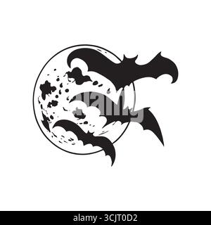 Silhouettenfledermäuse fliegen über einen Vollmond in einem dramatischen Nachthimmel. Halloween-Illustration mit gotischer und unheimlicher Atmosphäre, Stock Vektor