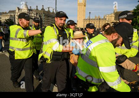 Die Polizei führt einen verhafteten Demonstranten aus dem Parliament Square im Zentrum Londons während der Demonstration „Lift the Ban“ zur Unterstützung der verbotenen Grou Stockfoto