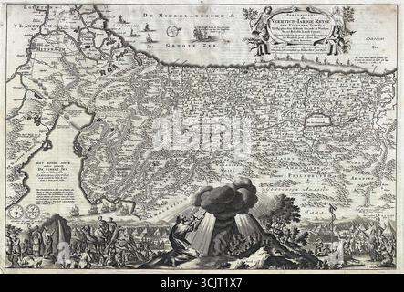 1702 Karte des Heiligen Landes, Perigrinatie ofte Veertich-Iarige Reyse der Kinderen Israels, von Nicolaes Visscher und Daniel Stoopendaal. Gravierte niederländische Bibelkarte, die die vierzigjährige Reise der Israeliten über Ägypten, den Sinai, Palästina und den Libanon darstellt. Stockfoto