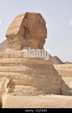 Nahaufnahme der Großen Sphinx von Gizeh, Ägypten, berühmte Kalksteinstatue mit menschlichem Kopf und Löwenkörper, Symbol der alten ägyptischen Zivilisation Stockfoto