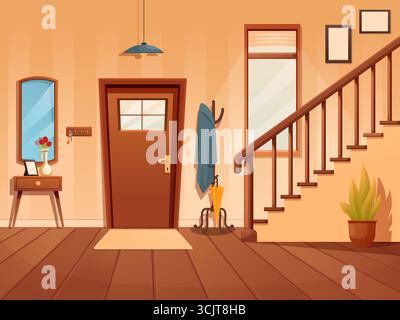 Innenraum im Flur in Cartoon-Farben. Haus- oder Appartementeingang, Flur mit Holztür, Kleiderbügel, Spiegel und Treppe. Gemütlicher Raum sapid Vektorszene Origi Stock Vektor