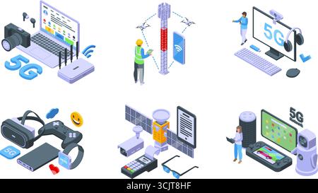5g isometrisches Konzept. Moderne wlan-Technologien, intelligente Gadgets und positive Symbole. Personen, die Laptop oder Smartphone nutzen. Unterschiedliche Geräte: Raffinierte Vektorscen Stock Vektor