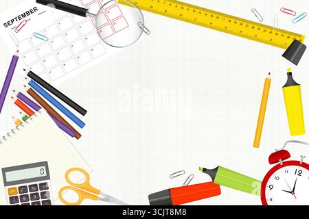 Draufsicht auf Schreibwaren im Klassenzimmer auf mathematischem Papier, Lernhintergrund mit Schulwerkzeugen. Ideal für Werbeaktionen, Banner oder Klassenzimmer Stock Vektor