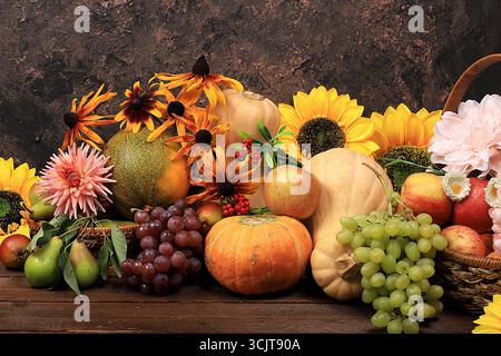 Herbsthintergrund mit saisonaler Natur Herbstbeeren, Kürbisse, Äpfel, Trauben, Melonen und Blumen auf altem Hintergrund, Kopierraum, Happy Thanksgiving Stockfoto