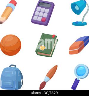 Schulartikel. Bücher Studenten liefert Werkzeuge Rucksack Notizen exakte Vektor stationäre Set Original-Grafik Stock Vektor