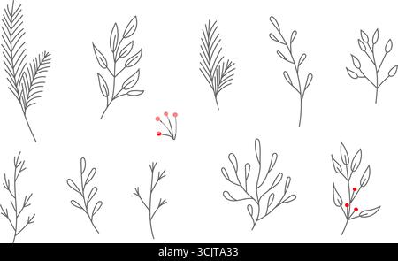 Handgezeichneter Kritzelvektor-Illustration von Kiefer-, Tannen- und Mistelzweigen in linearer Form. Perfekt für Weihnachtskränze, Weihnachtsdekorationen, Winter Stock Vektor