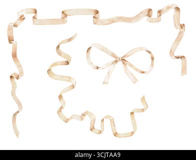 Aquarellband mit Schleifen und lockigen Linien in neutralen Beigetönen. Isolierte handgemalte Elemente für Rahmen, Einladungen, Babyduschunterlage Stockfoto