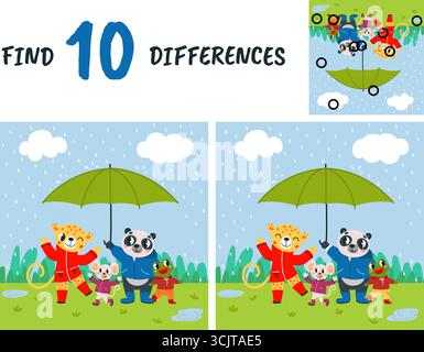 Finde zehn Unterschiede. Regnerische Landschaft mit niedlichen Tieren, Pandafrosch Leoparden und Maus, die zusammen unter Regen laufen. Lernspiel für Kinder, vec Stock Vektor