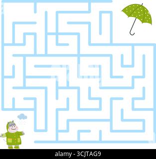 Hilf dem Nilpferd, einen Regenschirm zu finden. Zeichentricktiere stehen unter Regenwolke, Herbst-Saison-Charakter in Regenmantel. Kinder Lernspiel Vektorvorlage orig Stock Vektor